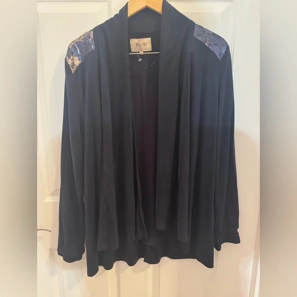 Miss Me Navy drape jacket with Sequin Embellishments on shoulders, size S